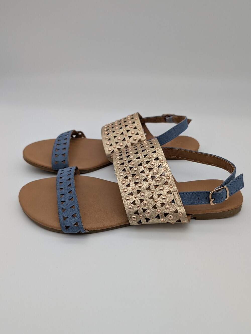 Qupid Geometric Laser Cut Studded Slingback Sandals Blue Metallic Gold - Picture 2 of 9